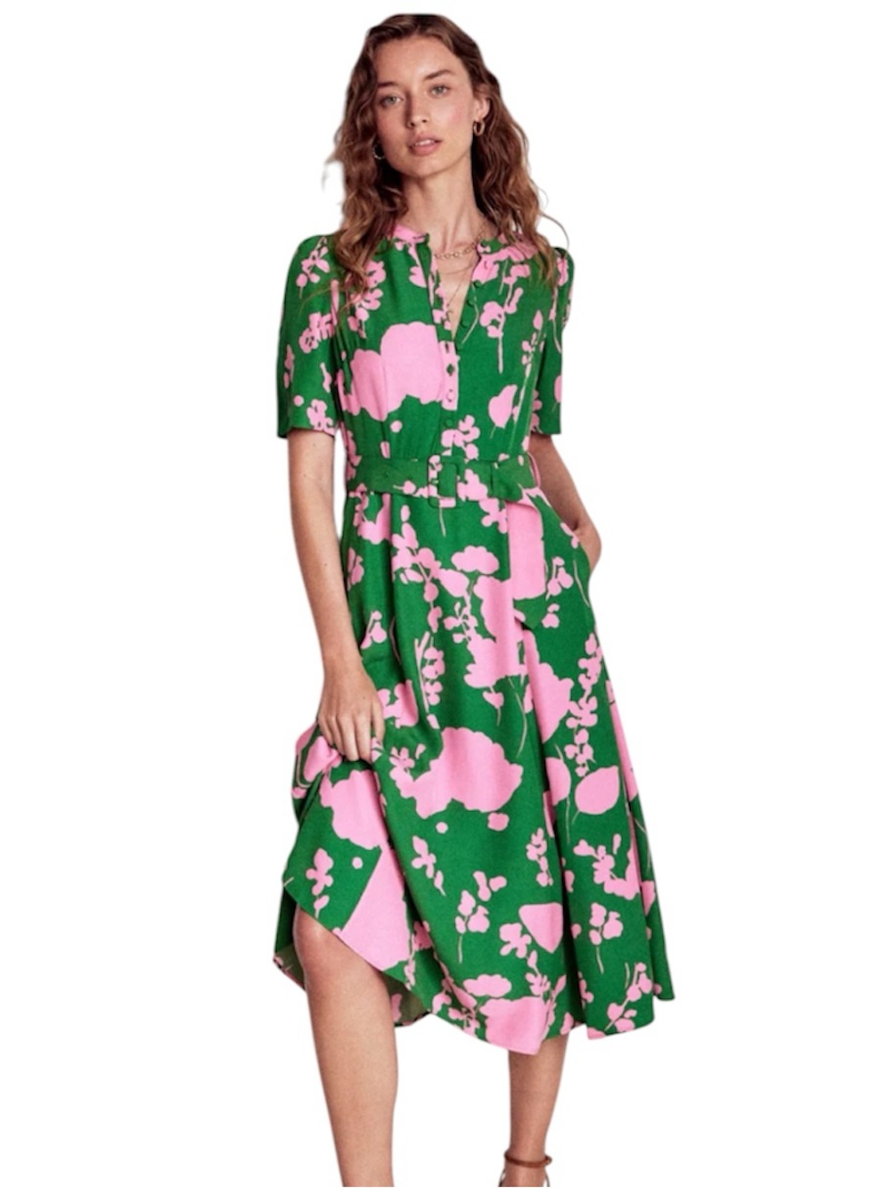Boden Kate Puff Sleeve Belted Midi Dress Green Pink Size US 16-18